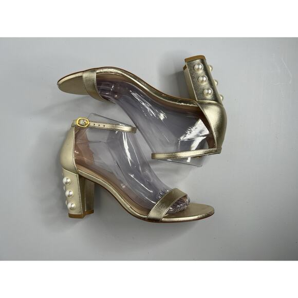 Stuart Weitzman Sandals Nearlynude Faux Pearl-Embellished Heels Gold Size 8.5 - Picture 2 of 11